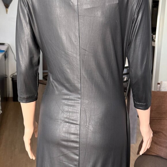 BETSEY JOHNSON | Black Vegan Liquid Leather Wrap Dress | Deep V Plunge | NWT | L - Picture 4 of 11